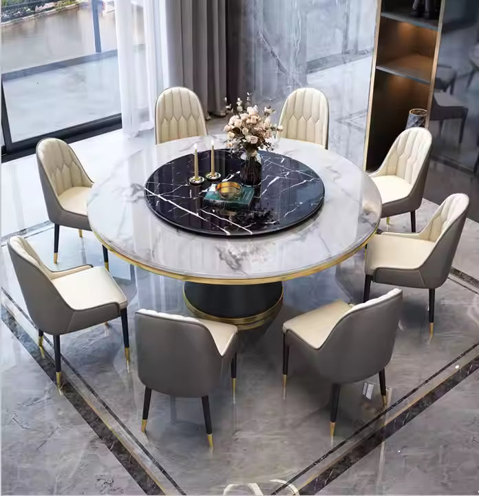 Modern Dining Room Metal Base Two Marble Top Rotating Dining Table Set Round Dining Table with Rotating Center