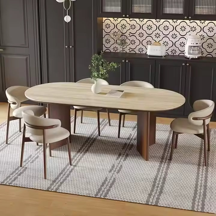 High Quality Minimalist Dining Table 4 Chairs Pure Natural White Wax Wood Travertine Sintered Stone Home Eating Set Two Legs