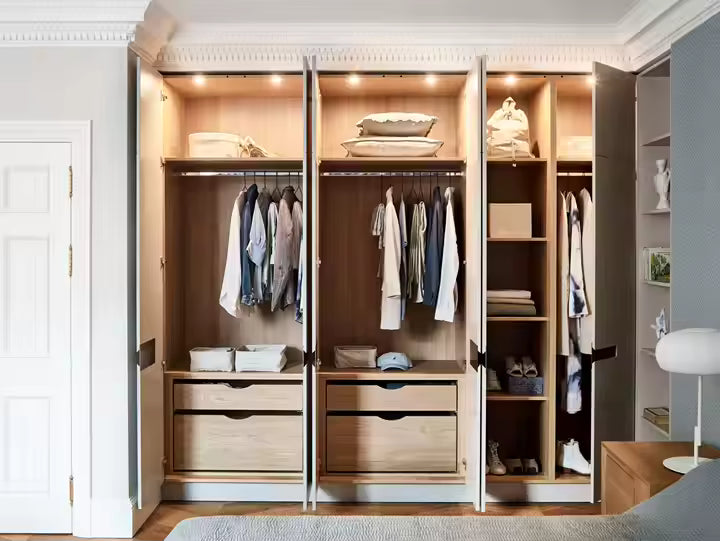 2025 Skyline American Luxury Modern Style Opposite Door Opening Triple Row Wardrobe with LED Lights