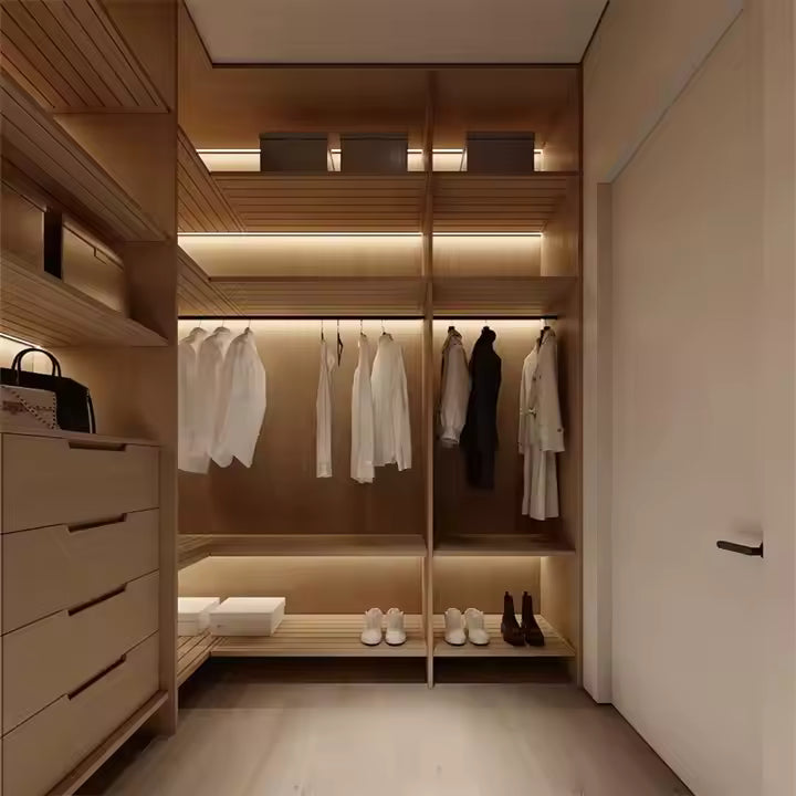 Exquisite Wooden Walk in Cabinet Without Doors Built in LED Lighting System Wardrobe