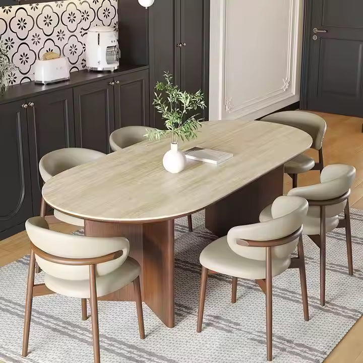 High Quality Minimalist Dining Table 4 Chairs Pure Natural White Wax Wood Travertine Sintered Stone Home Eating Set Two Legs