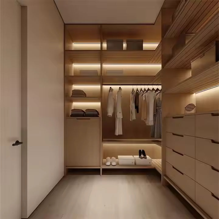 Exquisite Wooden Walk in Cabinet Without Doors Built in LED Lighting System Wardrobe