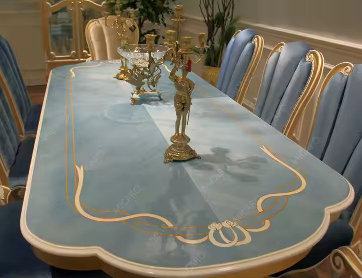 Luxury Italy Design 8 Chairs Wooden Table Set Antique Dining Room Set in Blue Color
