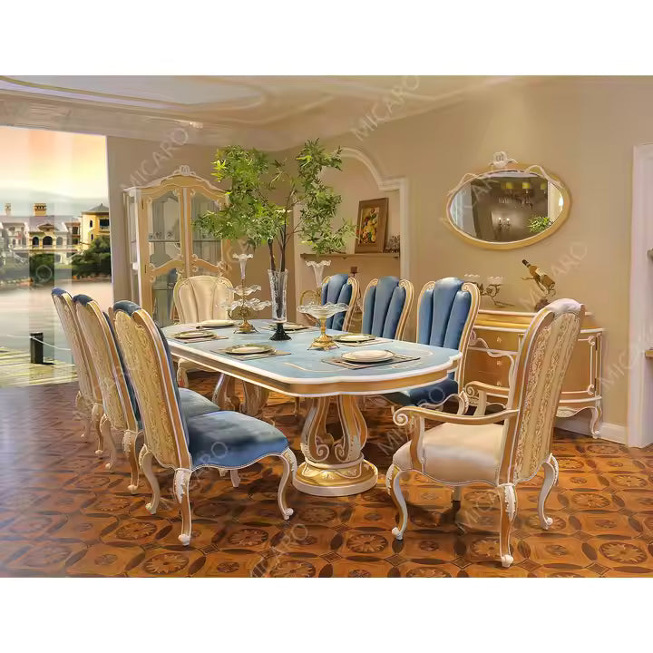 Luxury Italy Design 8 Chairs Wooden Table Set Antique Dining Room Set in Blue Color