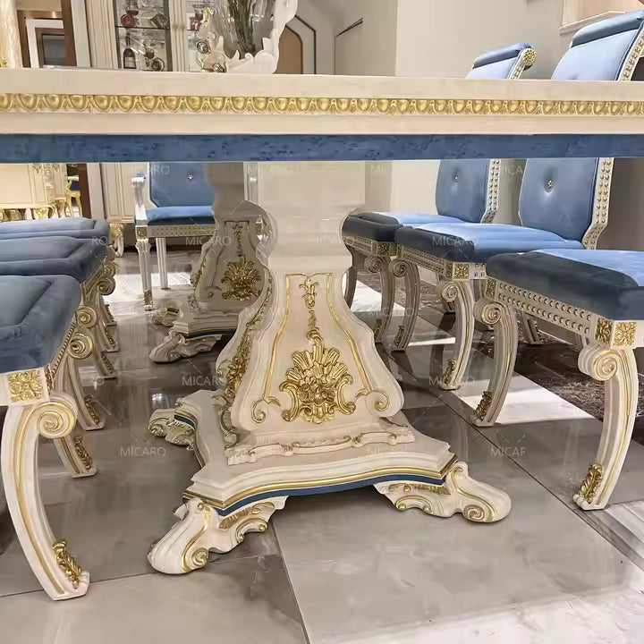 Luxury Italian European Classic French Country Royal Style Solid Wooden Carving Rectangular Dining Table and Chairs Set