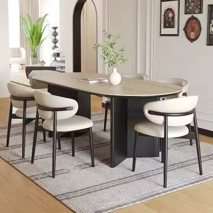 High Quality Minimalist Dining Table 4 Chairs Pure Natural White Wax Wood Travertine Sintered Stone Home Eating Set Two Legs