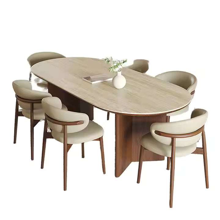 High Quality Minimalist Dining Table 4 Chairs Pure Natural White Wax Wood Travertine Sintered Stone Home Eating Set Two Legs