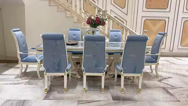 Luxury Italian European Classic French Country Royal Style Solid Wooden Carving Rectangular Dining Table and Chairs Set