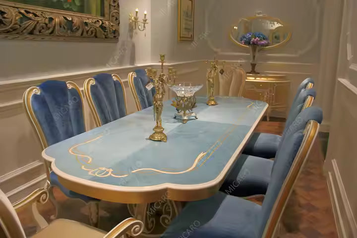 Luxury Italy Design 8 Chairs Wooden Table Set Antique Dining Room Set in Blue Color