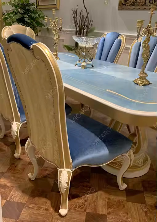 Luxury Italy Design 8 Chairs Wooden Table Set Antique Dining Room Set in Blue Color
