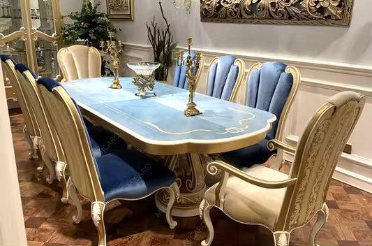 Luxury Italy Design 8 Chairs Wooden Table Set Antique Dining Room Set in Blue Color