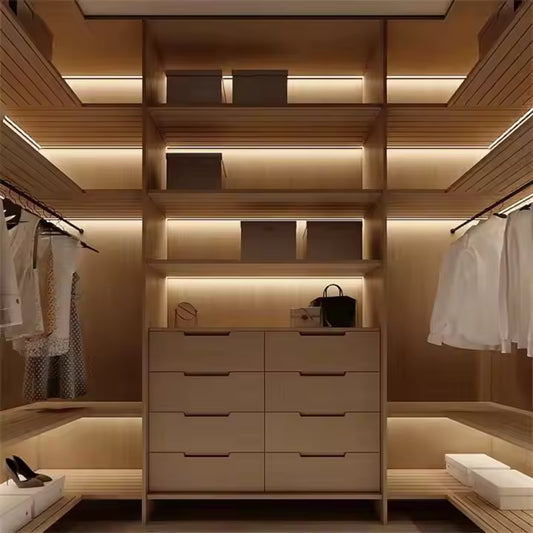 Exquisite Wooden Walk in Cabinet Without Doors Built in LED Lighting System Wardrobe