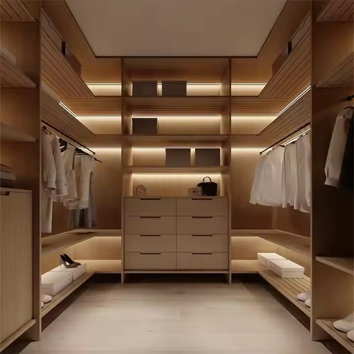 Exquisite Wooden Walk in Cabinet Without Doors Built in LED Lighting System Wardrobe
