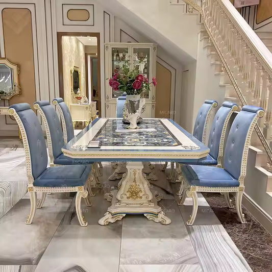 Luxury Italian European Classic French Country Royal Style Solid Wooden Carving Rectangular Dining Table and Chairs Set