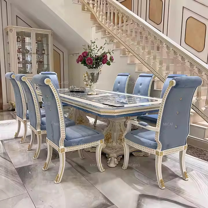 Luxury Italian European Classic French Country Royal Style Solid Wooden Carving Rectangular Dining Table and Chairs Set