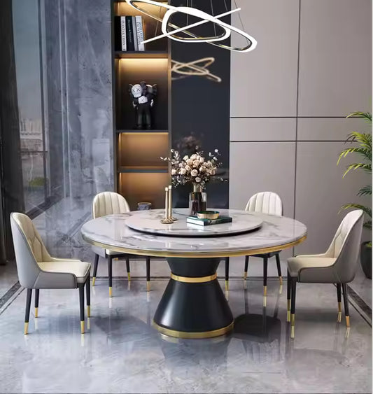 Modern Dining Room Metal Base Two Marble Top Rotating Dining Table Set Round Dining Table with Rotating Center
